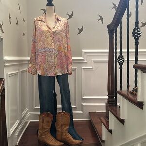 ZARA Paisley Print Satin Longsleeve Button Down Blouse Top Boho Fairy Patchwork